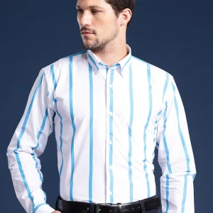 Men White Striped Pure Cotton Slim Fit Formal Shirt