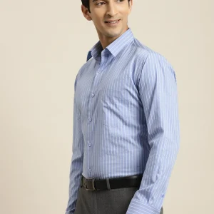 Men Blue Striped Premium Pure Cotton French Cuff Slim Fit Formal Shirt