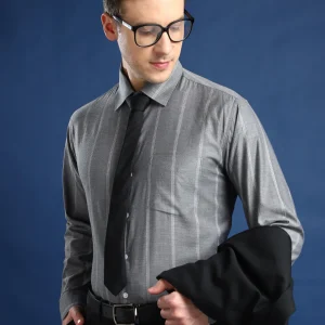 Men Grey Striped Cotton Slim Fit Formal Shirt